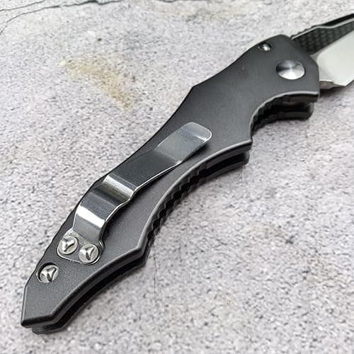 8.9'' Button Lock Folding Pocket Knife, D2 Blade Steel, Carbon Fiber Handle, Gray, EDC for Camping and Hunting
