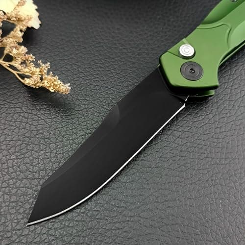 Assisted Opening Knife, D2 Blade, Push Button, Green Aluminum Handle (Deep Carry Pocket Clip)