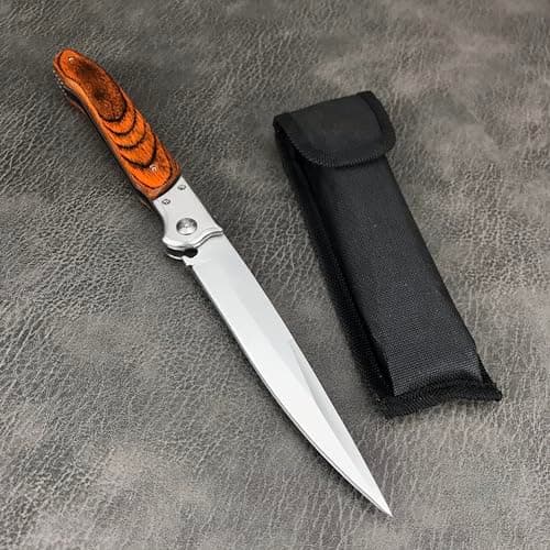 HUAAO 12" Large Push Button Lock Pocket Knife with Safety Lock, Pakkawood Handle EDC Tool