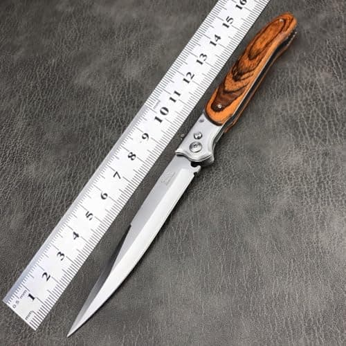 HUAAO 12" Large Push Button Lock Pocket Knife with Safety Lock, Pakkawood Handle EDC Tool