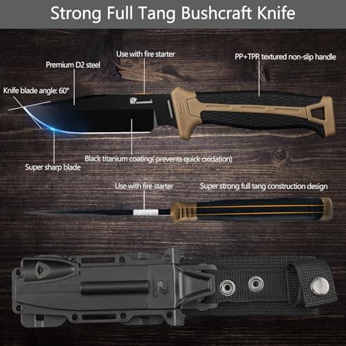 Extra Sharp Bushcraft Knife with Fire Starter, D2 Steel Fixed Blade Camp Knife for Outdoor Adventures (Brown)