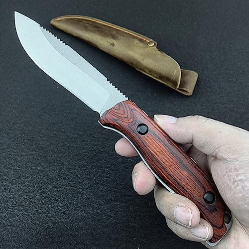 HUAAO 8.6in Fixed Blade Hunting Knife with Wood Handle and CPM-S30V Blade