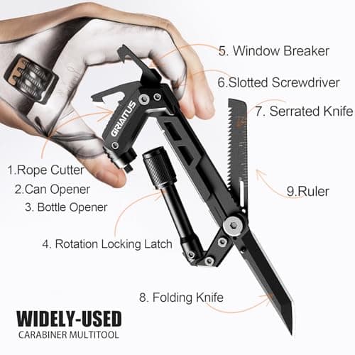 8-in-1 Carabiner Multitool EDC, Serrated Knife, Rope Cutter, Gifts for Men and Women (Black)