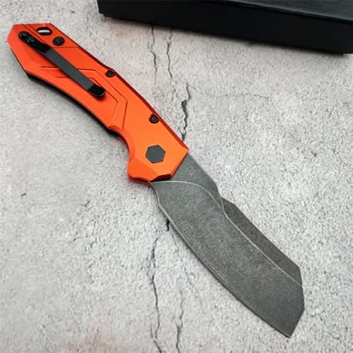 3.27 D2 Cleaver Blade Pocket Knife with SpeedSafe, Aluminum and Carbon Fiber Handle, Tip-up Clip, EDC for Camping and Hunting, Orange