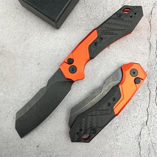 3.27 D2 Cleaver Blade Pocket Knife with SpeedSafe, Aluminum and Carbon Fiber Handle, Tip-up Clip, EDC for Camping and Hunting, Orange