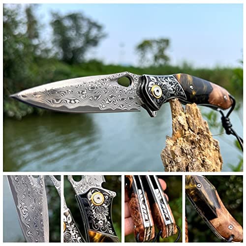 Handmade Japan Damascus Steel Pocket Knife, 3.1" VG10 Blade, Resin Maple Handle