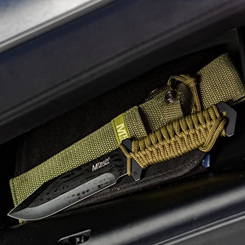 MTECH USA Black Fixed Blade Knife - Green Cord Handle, Full Tang, Nylon Sheath - Hunting, Camping, Survival - MT-528C, S