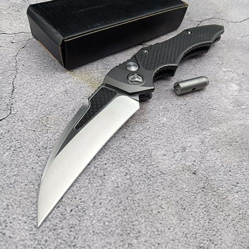 8.9'' Button Lock Folding Pocket Knife, D2 Blade Steel, Carbon Fiber Handle, Gray, EDC for Camping and Hunting