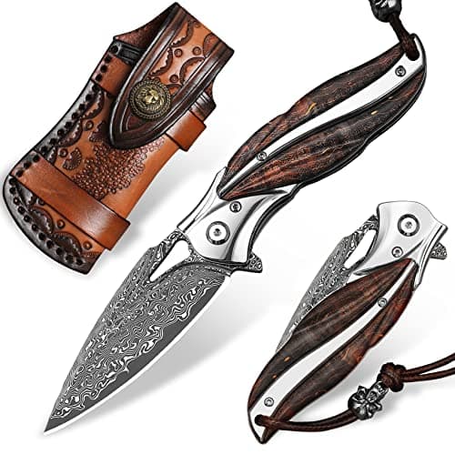 High-Quality Japanese VG10 Damascus Steel Folding Knife with Leather Case and Liner Lock