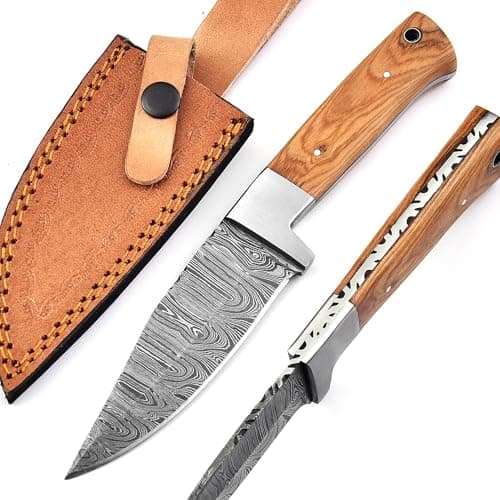 8-Inch Carbon Steel Forge Tracker Knife - Bushcraft Hunting Skinning Knife with Leather Sheath — Damascus Knife