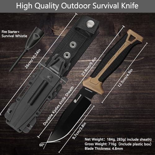 Extra Sharp Bushcraft Knife with Fire Starter, D2 Steel Fixed Blade Camp Knife for Outdoor Adventures (Brown)