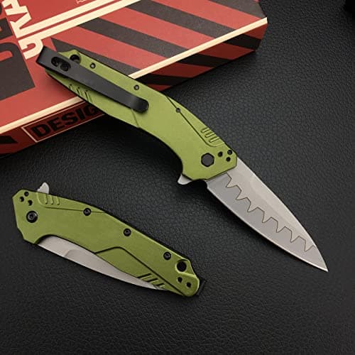 Olive Green Composite Steel Dividend Folding Knife with Liner Lock for Camping