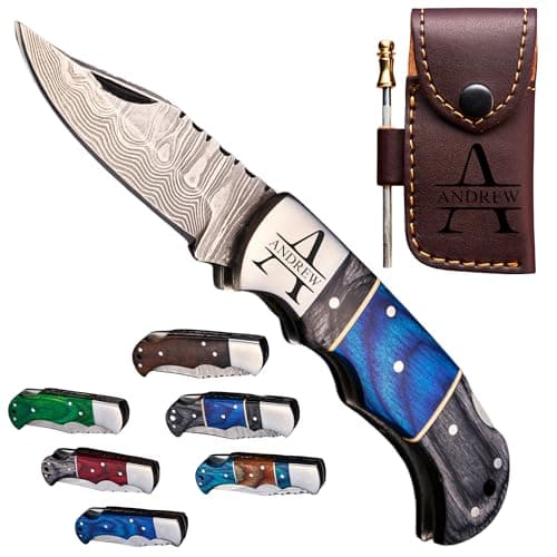 Personalized Damascus Pocket Knife - Hunting Knife for Men, Wood Handle, Survival Gifts for Dad