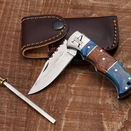 Personalized Damascus Pocket Knife - Hunting Knife for Men, Wood Handle, Survival Gifts for Dad