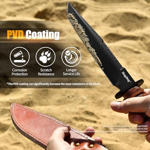 DC53 Steel Black Titanium PVD Coating 8.0" Fixed Blade Hunting Knife with Leather Sheath, Ergonomic Handle