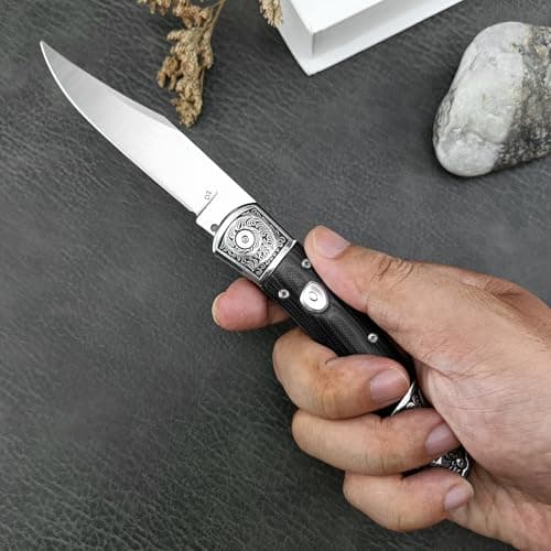 HUAAO 8.6 Folding Pocket Knife with D2 Steel Blade and Micarta Handle - Perfect Gift for Men (Black)