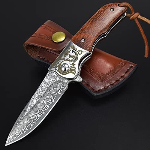 AUBEY Damascus Pocket Knife with Abalone Handle, Leather Sheath, Ideal for Everyday Carry — A-Sandalwood Handle