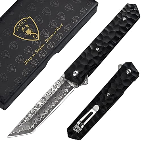 AUBEY Damascus Pocket Knife, Tanto VG10 Core Steel Folding Knife with Ball Bearing and Glass Breaker, EDC Damascus Knife for Men and Women