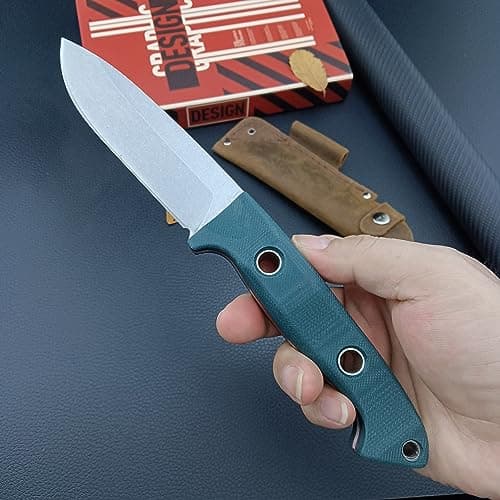 Outdoor Bushcraft Knife with Leather Sheath, Full Tang Blade and Green G10 Handle