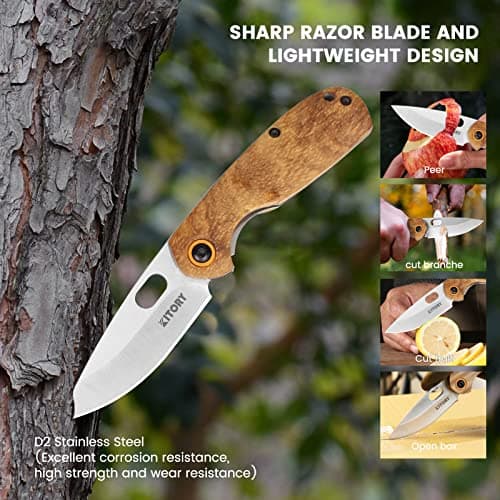 Kitory 2.7" EDC Folding Knife, D2 Stainless Steel, Wood Handle, Lanyard Hole, 2023 Gift