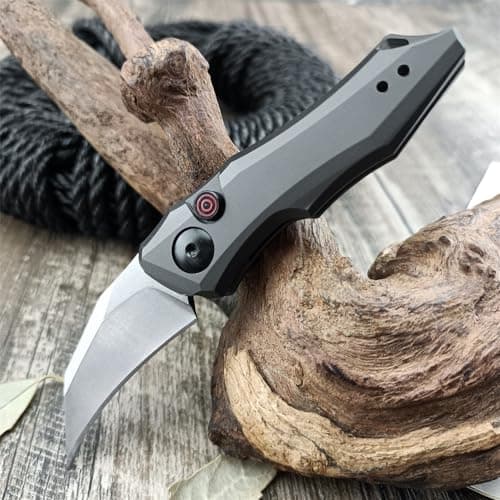 HUAAO Spring-Assisted Push Button Knife, 8Cr13Mov Hawkbill Blade, Gray Aluminum Handle
