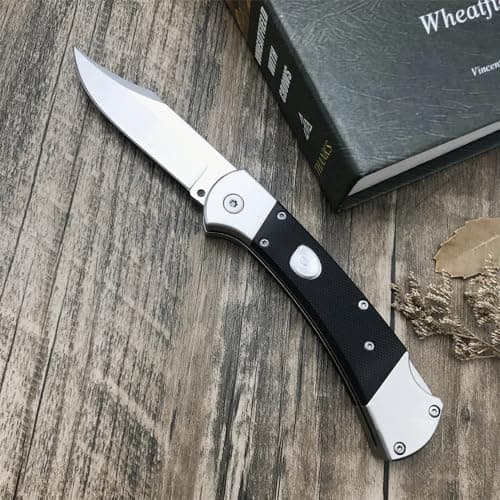 Push Button Folding Knife, 440C Steel, Backlock, G10 Handle, Leather Sheath, EDC for Men (Black)