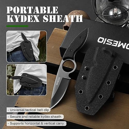 Omesio Tactical Hunting Camping Knife, Kydex Sheath, G10 Handle, Black, Gift Box