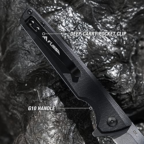 Flissa Pocket Knife, 4 Inch D2 Blade, G10 Handle, Black for Outdoors, Hiking, Camping