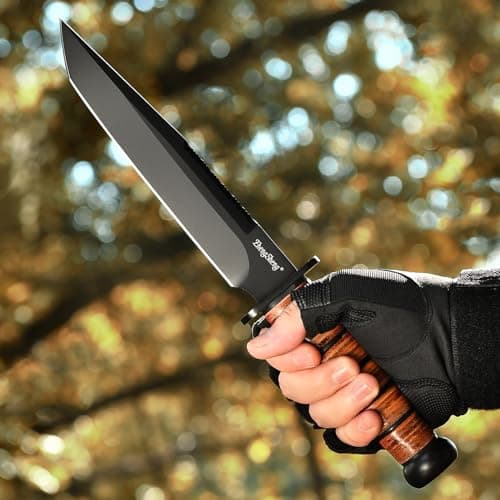 DC53 Steel Black Titanium PVD Coating 8.0" Fixed Blade Hunting Knife with Leather Sheath, Ergonomic Handle