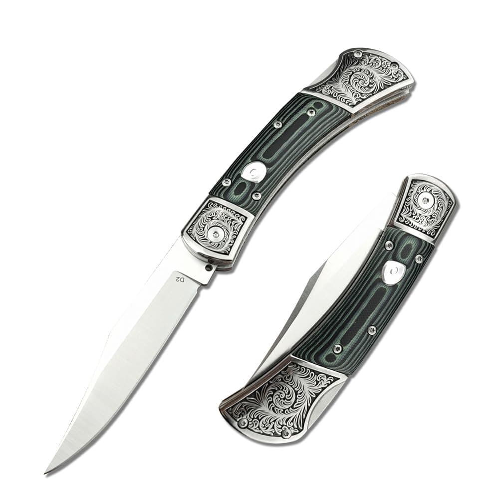 Mikata Handle Push Button Lock Knife, 8.6", D2 Steel, Survival Tool, Gift Leather Sheath