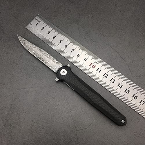 HUAAO Damascus Pocket Knife, 2.9”, Carbon Fiber Handle, Liner Lock, Black