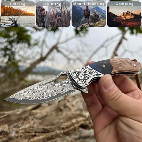 VNLA Damascus Folding Pocket Knife: Resin Maple Leaf Handle, Leather Case, Hiking EDC