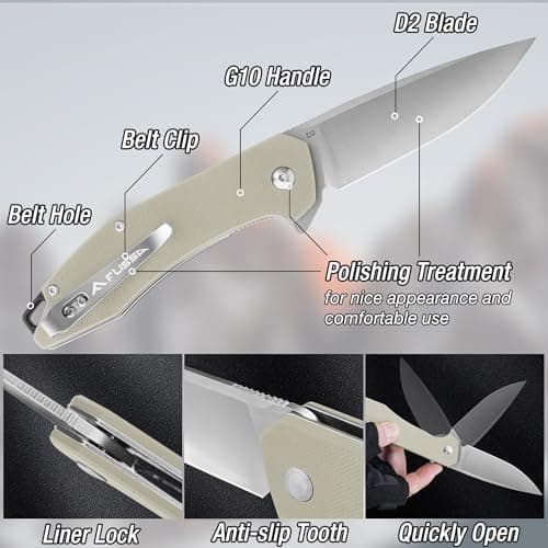 Flissa Brown Folding Tactical Knife, D2 Blade, G10 Handle, Liner Lock, EDC Knife