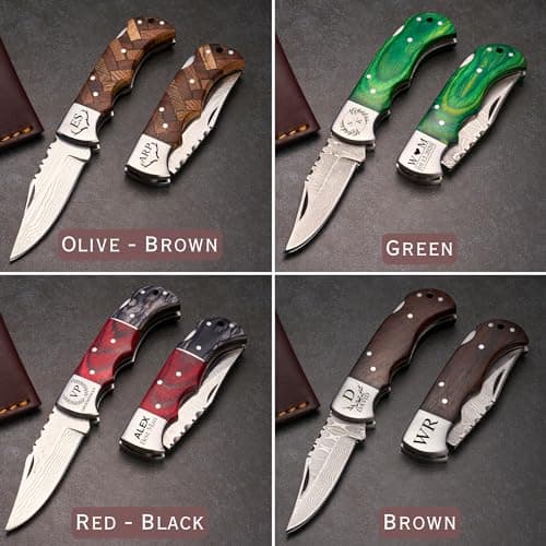 Personalized Damascus Pocket Knife - Hunting Knife for Men, Wood Handle, Survival Gifts for Dad