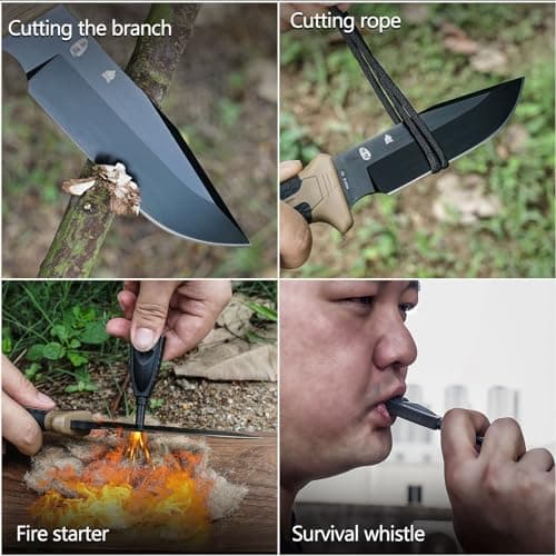 Extra Sharp Bushcraft Knife with Fire Starter, D2 Steel Fixed Blade Camp Knife for Outdoor Adventures (Brown)