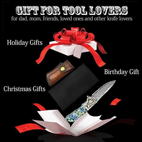 AUBEY Damascus Pocket Knife with Abalone Handle, Leather Sheath, Ideal for Everyday Carry