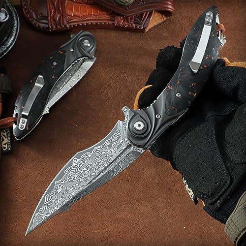 Japanese Damascus Steel Pocket Knife，Carbon Fiber Handle，EDCOutdoor Survival Gift