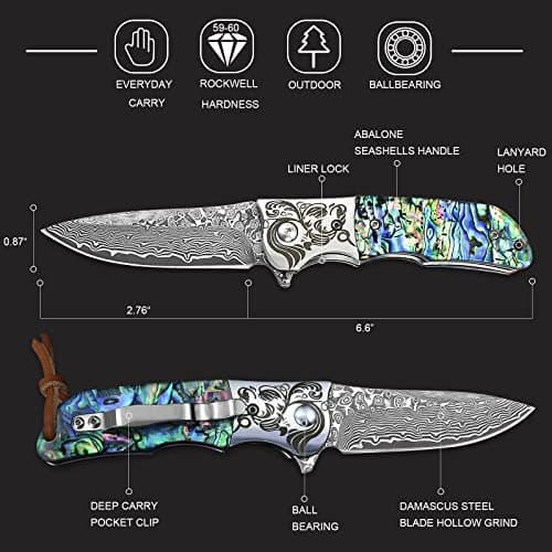 AUBEY Damascus Pocket Knife with Abalone Handle, Leather Sheath, Ideal for Everyday Carry