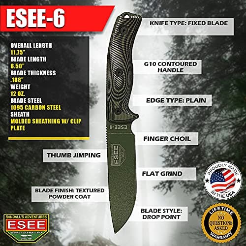 USA-Made ESEE 6 Fixed Blade Knife with Contoured Handle