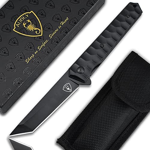 AUBEY Damascus Pocket Knife, Tanto VG10 Core Steel Folding Knife with Ball Bearing and Glass Breaker, EDC Damascus Knife for Men and Women — B-440 Blade
