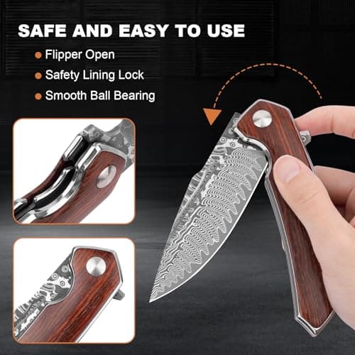 AUBEY Damascus Pocket Knife with Clip, Ball Bearing Blade, Wooden Handle (EDC)