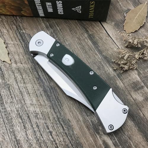 Push Button Assisted Folding Knife with 440C Steel Blade and G10 Handle, Includes Leather Sheath - EDC Knife for Men (Green)