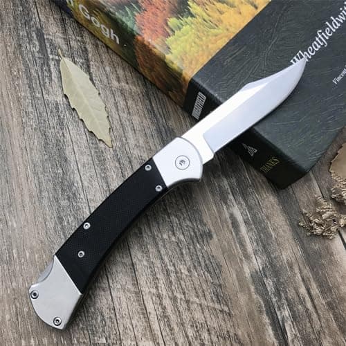 Push Button Folding Knife, 440C Steel, Backlock, G10 Handle, Leather Sheath, EDC for Men (Black)