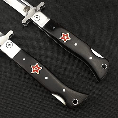 8.7inch Tactical Lockback Knife, Wood Handle, 440C Steel, Leather Sheath