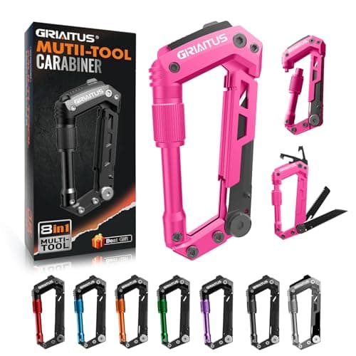 8-in-1 Carabiner Multitool EDC, Serrated Knife, Rope Cutter, Gifts for Men and Women (Black) — Pink