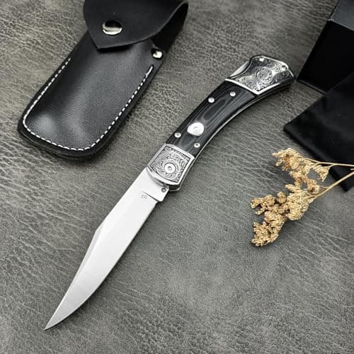 HUAAO 8.6 Folding Pocket Knife with D2 Steel Blade and Micarta Handle - Perfect Gift for Men (Black)