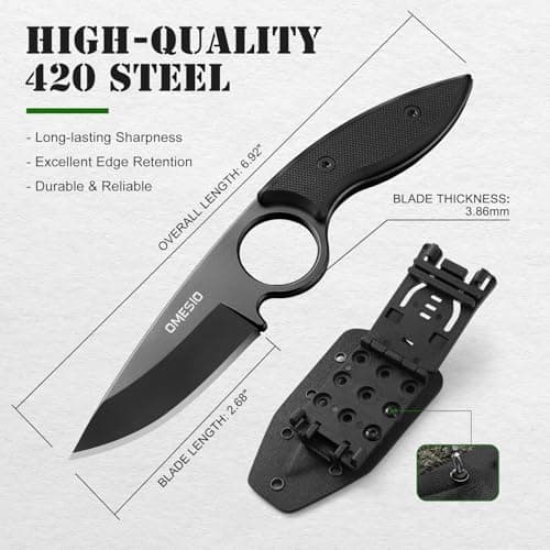 Omesio Tactical Hunting Camping Knife, Kydex Sheath, G10 Handle, Black, Gift Box