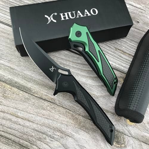HUAAO Black 3.7” D2 Blade Pocket Knife for Men Outdoor Survival Camping