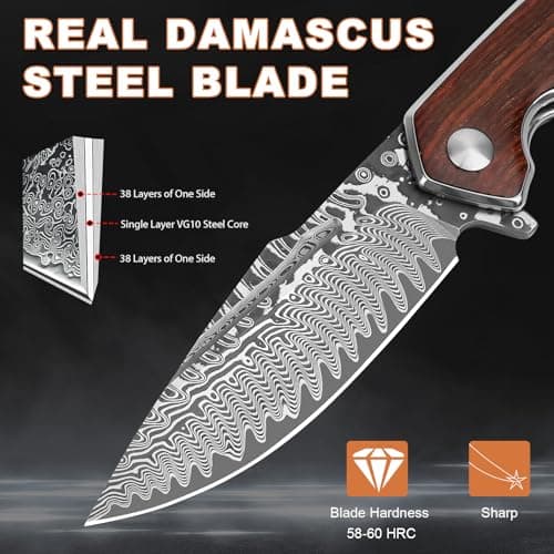 AUBEY Damascus Pocket Knife with Clip, Ball Bearing Blade, Wooden Handle (EDC)