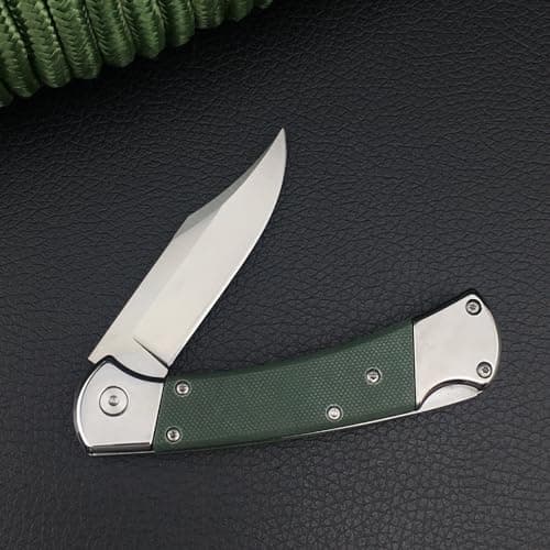 HUAAO 7.3 Inch Lock Back Knife with G10 Handle & Leather Sheath (Green)